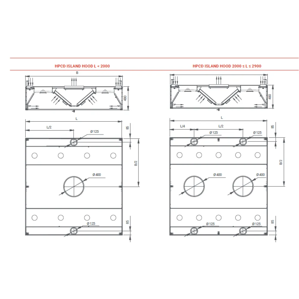 Hotte de cuisine îlot avec arrivée d’air HPCD 2700 (HPCD-270/200/48)