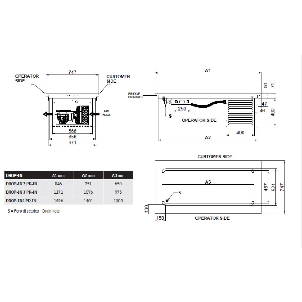 COMPTOIR RÉFRIGÉRÉ EN ACIER INOXYDABLE DROP-IN-3PR-IN (006INDROP3PR/IN)