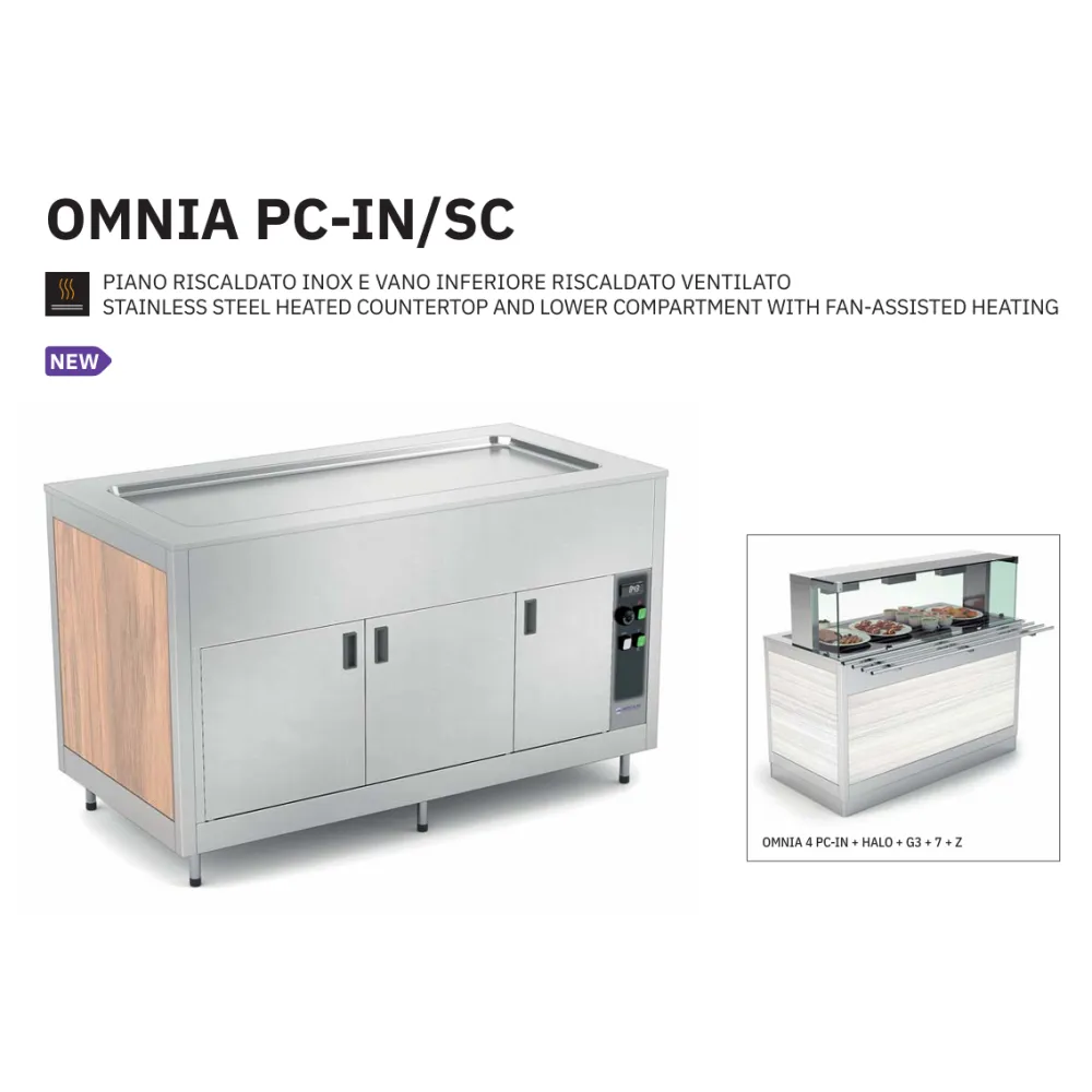 BUFFET AVEC COMPTOIR CHAUFFANT EN ACIER INOXYDABLE ET COMPARTIMENT INFÉRIEUR AVEC CHAUFFAGE PAR VENTILATION OMNIA 2PC-IN/SC (01900OM2PCSC/IN)
