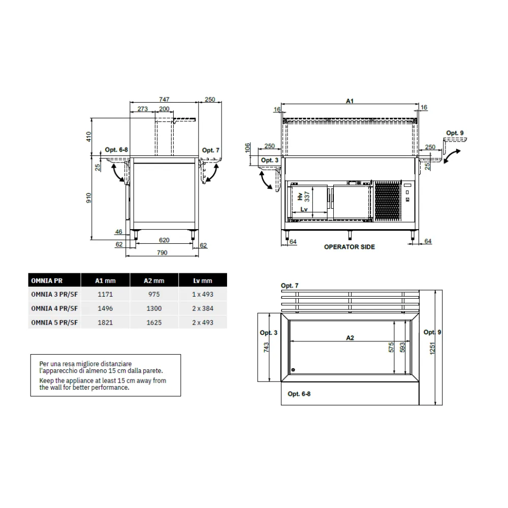 BUFFET RÉFRIGÉRÉ AVEC PLAN DE TRAVAIL HANEX® BETACRYL ET COMPARTIMENT INFÉRIEUR FROID OMNIA 3PR/SF (01900OM3PRSF)