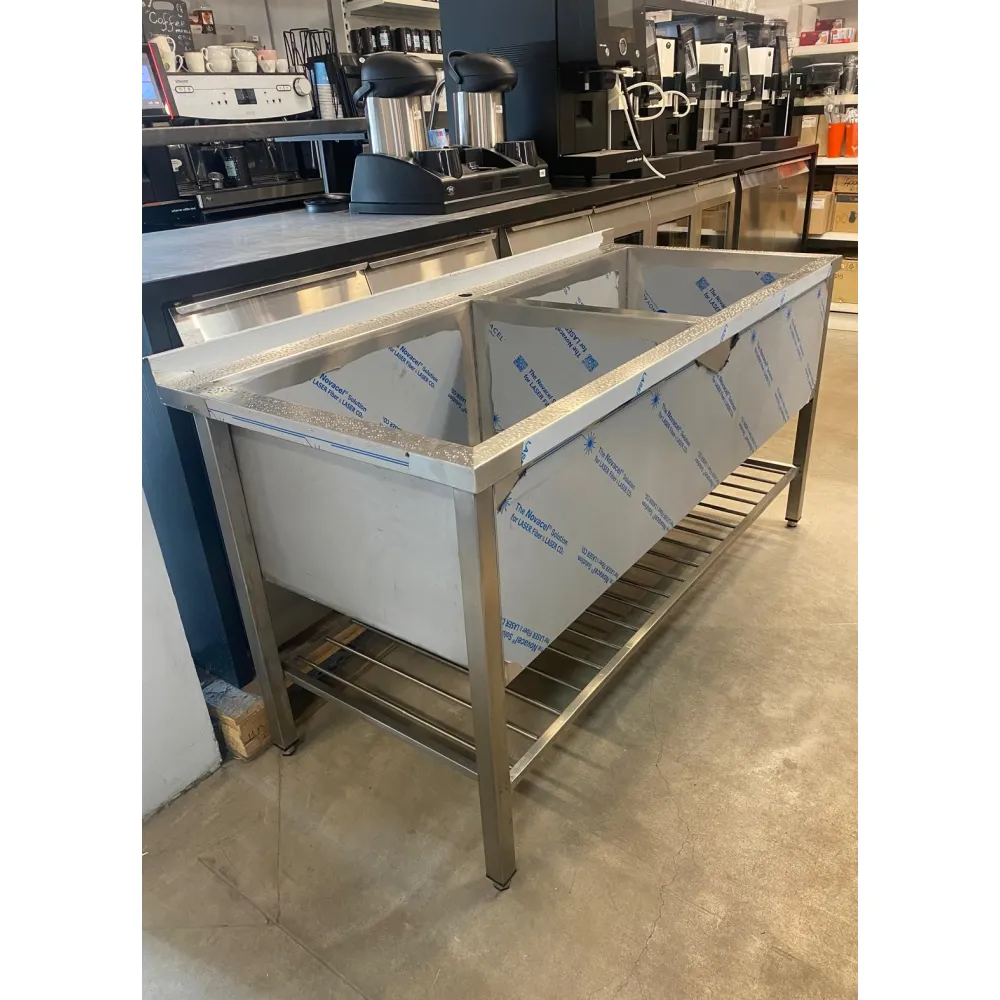 Table en acier inoxydable avec deux bacs et étagère grillagée (DV2-PSA-165/75/85)