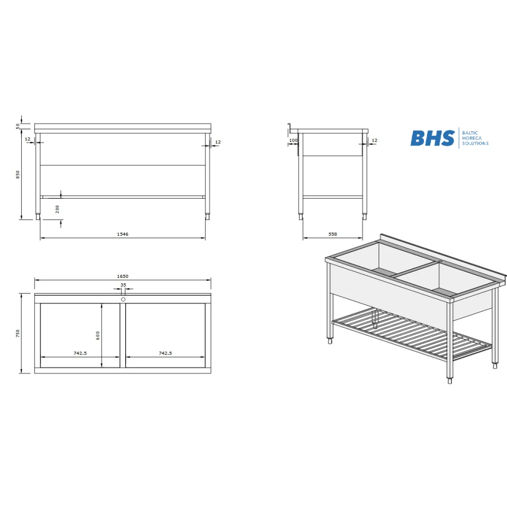 Table en acier inoxydable avec deux bacs et étagère grillagée (DV2-PSA-165/75/85)