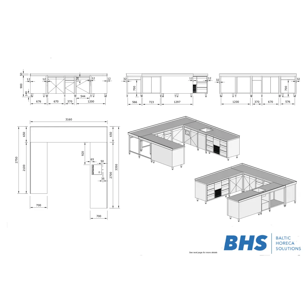 Comptoir de bar en forme de U 3350x3360x900 mm (26-07385-00.00.00 SB_A)