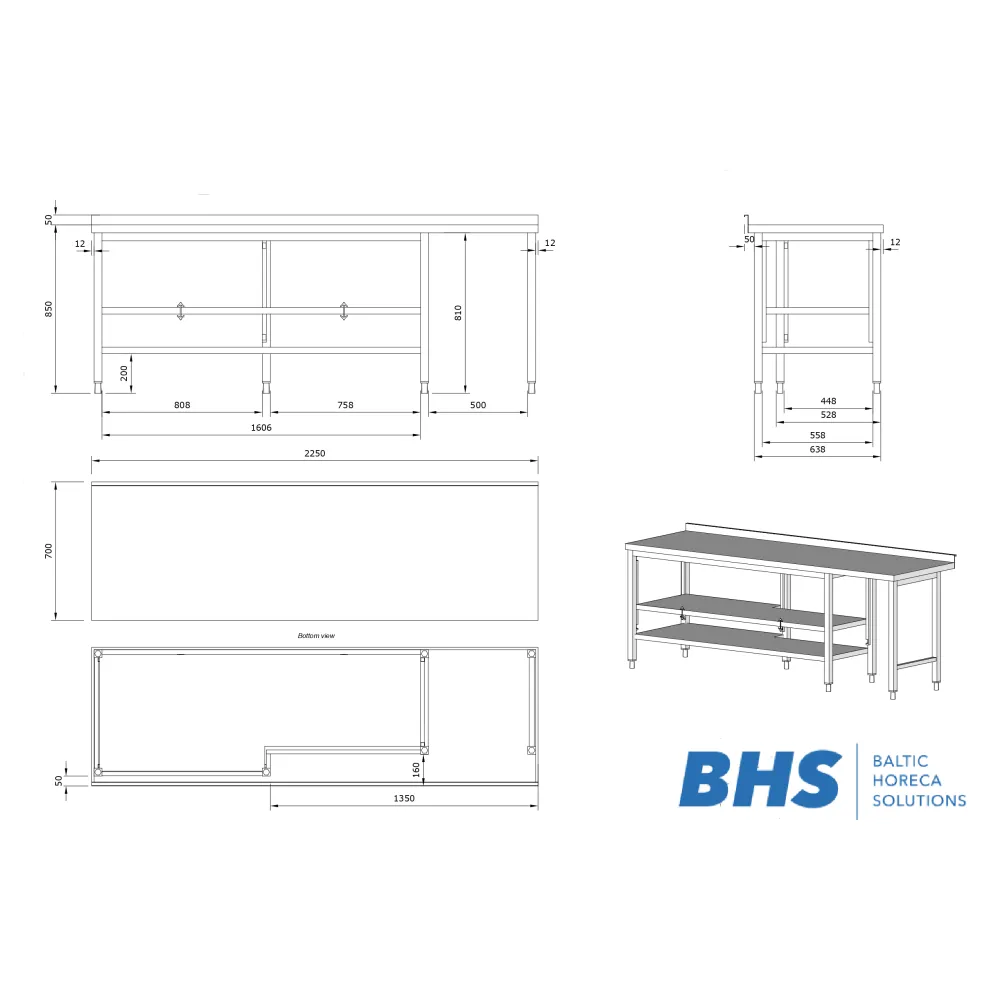 Table en acier inoxydable avec 2 étagères 2250 (26-07482-00.00.00 SB_A)