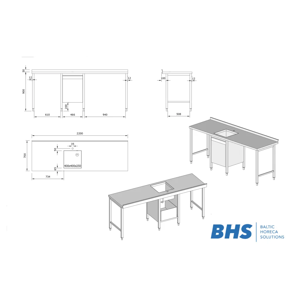 Table en acier inoxydable avec évier 2200x700x900 mm (26-07438-00.00.00 SB_A)