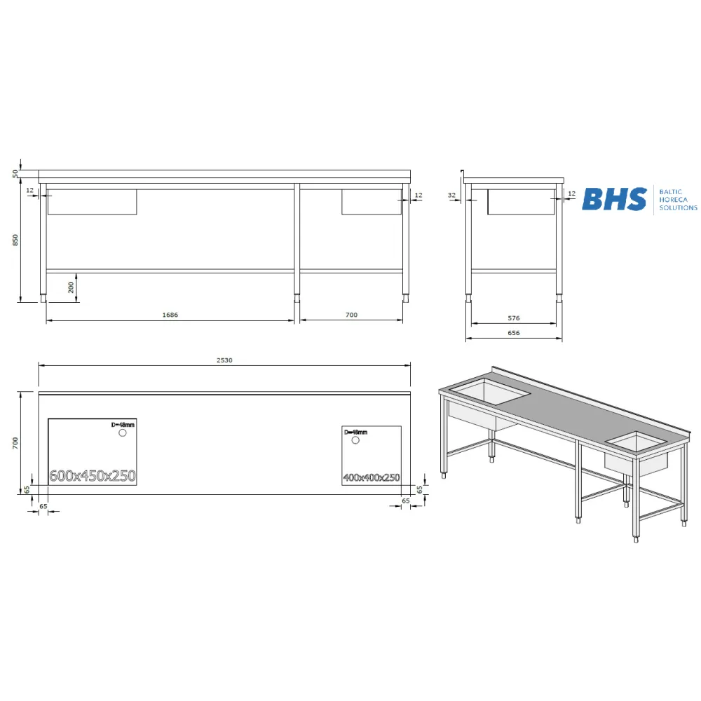 Table en acier inoxydable avec 2 éviers (26-00651-00.00.00 SB_A)