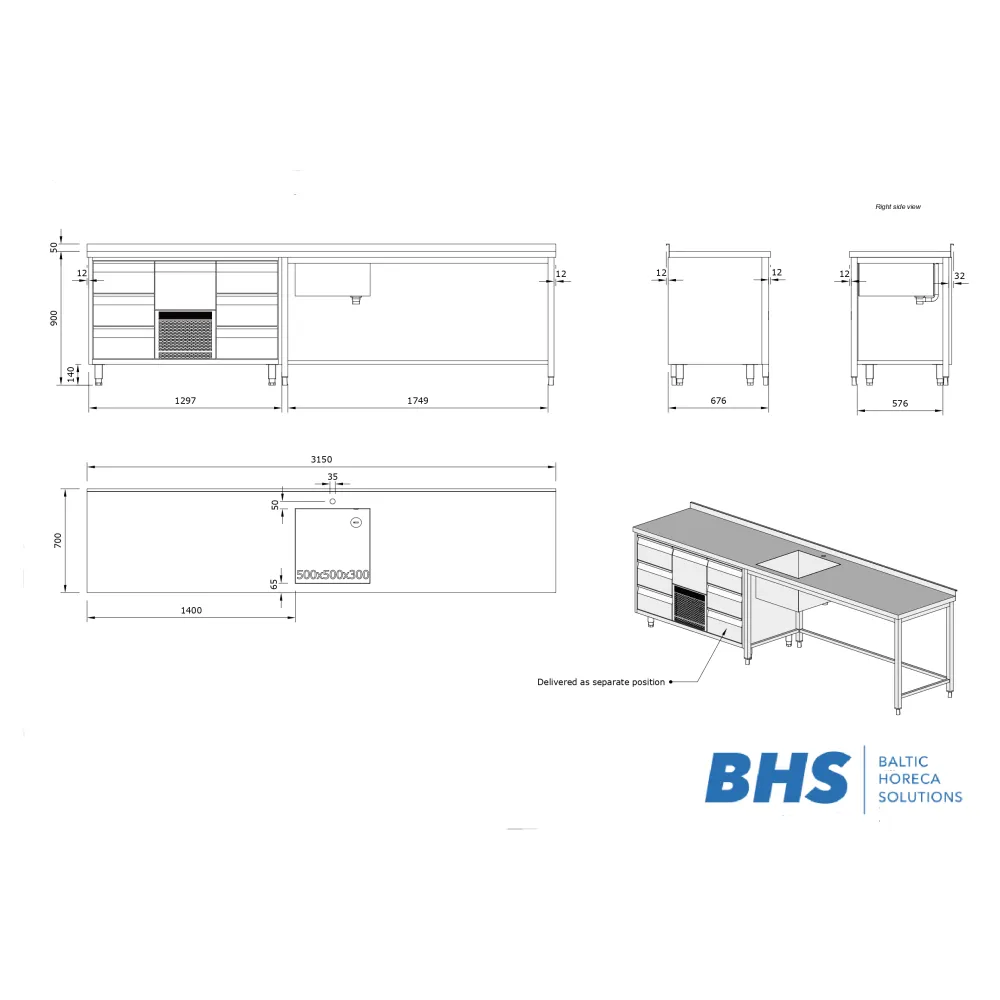 Table de travail en acier inoxydable avec évier et table réfrigérée 3150x700x900 mm (26-07452-00.00.00 SB_A)