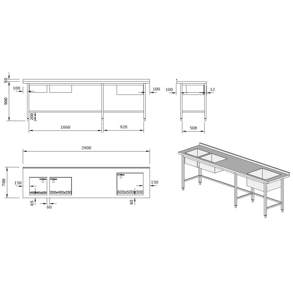 Table en acier inoxydable avec 3 éviers (25-11884-00.00.00 SB_A)