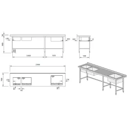 Table en acier inoxydable avec 3 éviers