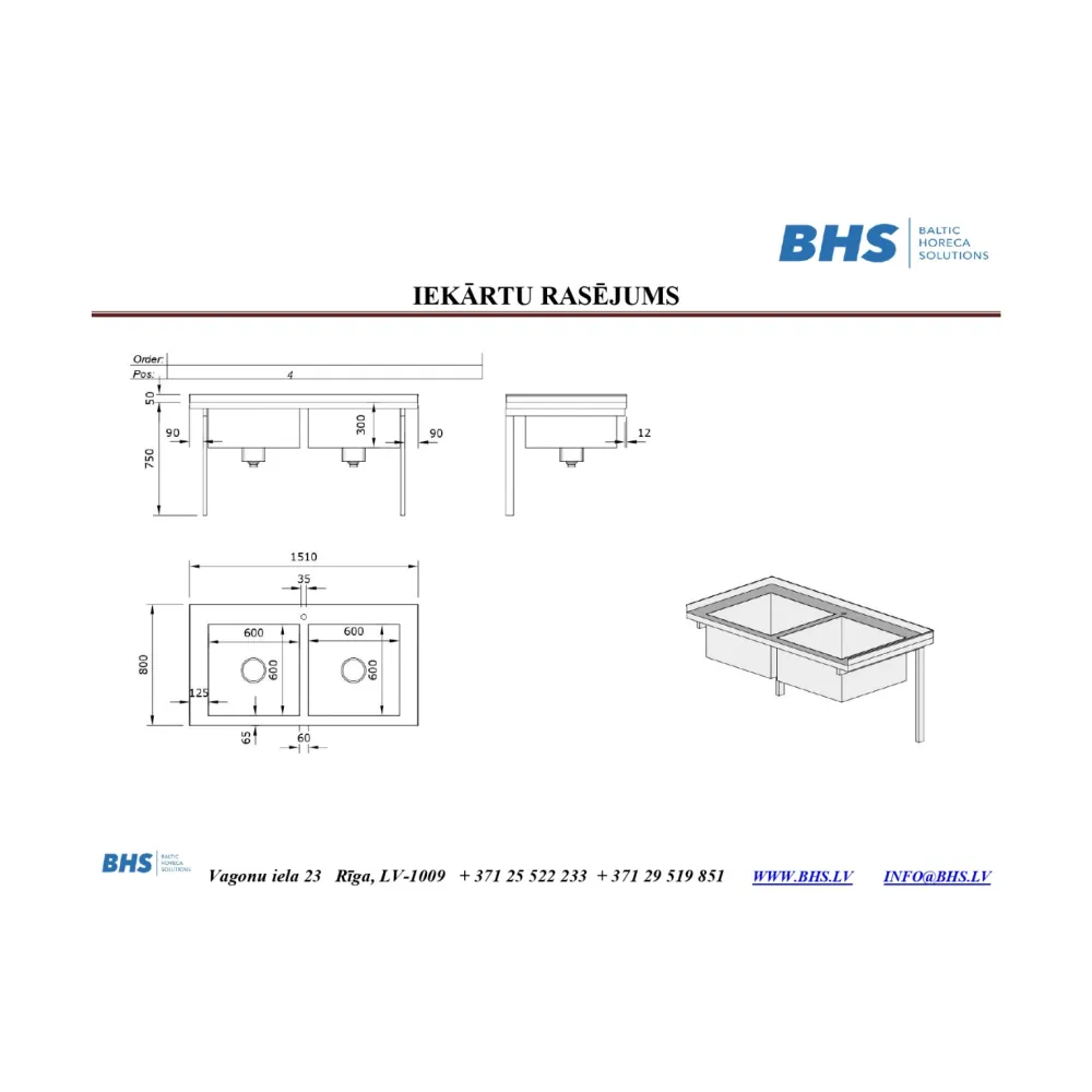 Stainless steel surface with two basins 1510 mm (CH24-1387-151/80/40)