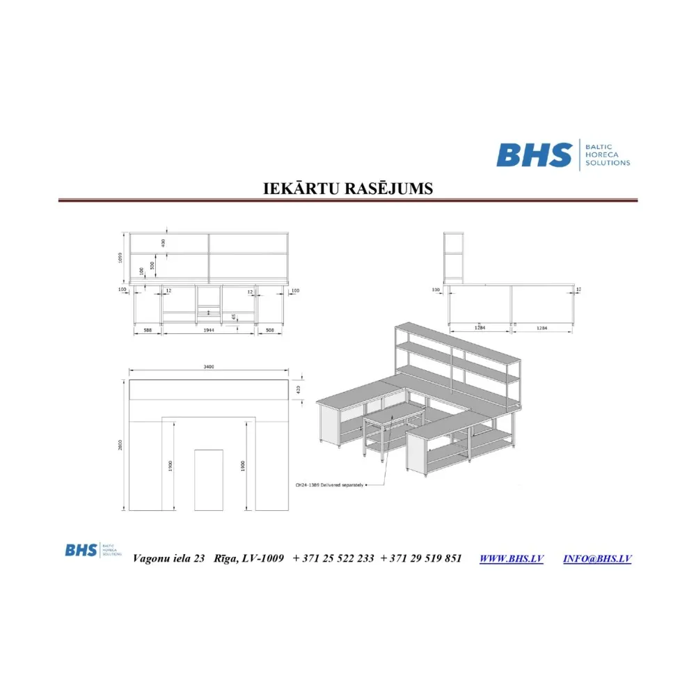 Stainless steel U-shaped table with shelf and shelf system (XCH24-0041-340/80/90)