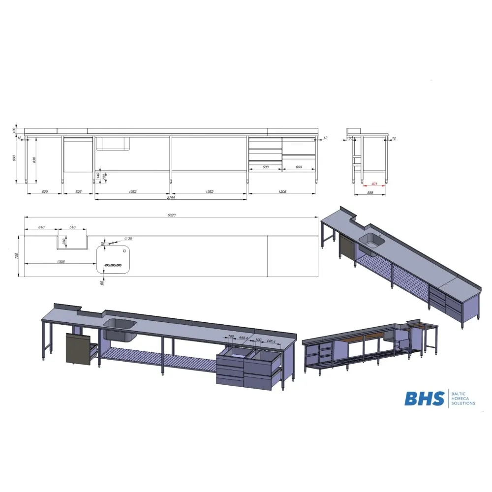 Table de travail avec évier, étagère et tiroirs NN152