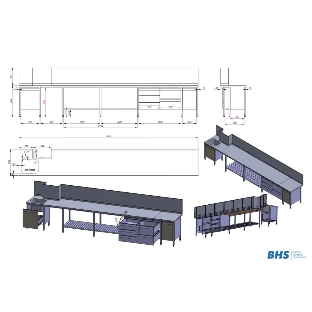 Table de travail avec évier, étagère et tiroirs NN151