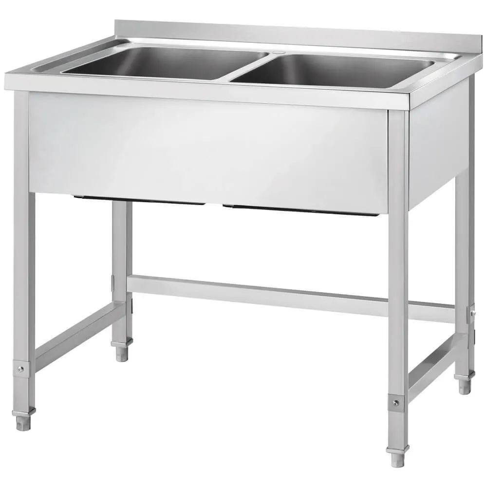 GREDIL Table en acier inoxydable à deux bacs, sans étagère 1000 × 600 × 850 mm (675106)