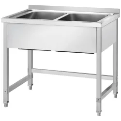 GREDIL Table en acier inoxydable à deux bacs, sans étagère 1000 × 600 × 850 mm