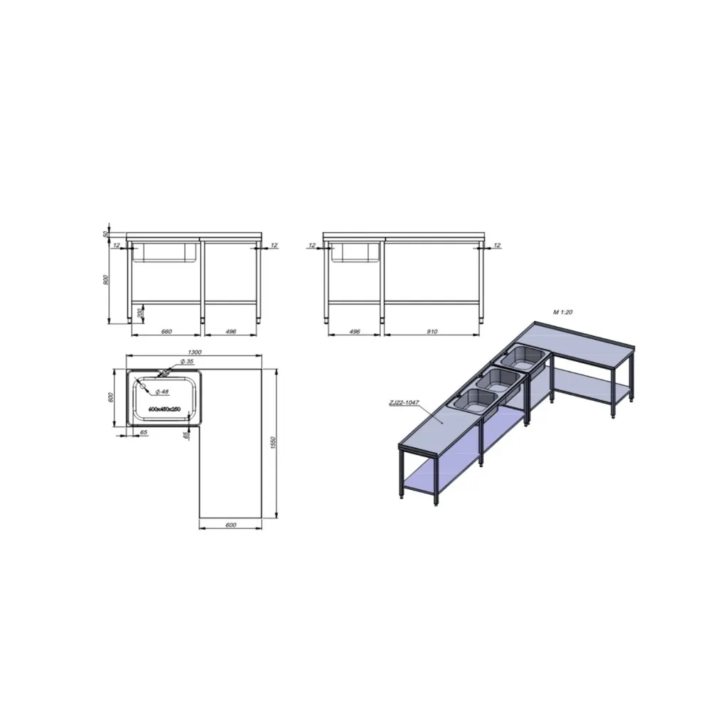 Kitchen table with three sinks (ZJ20-3021.00)