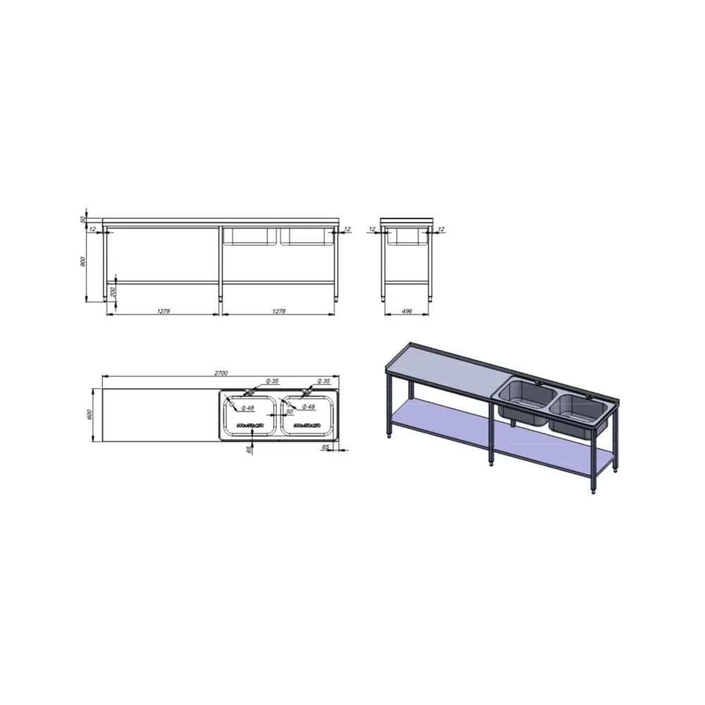 Kitchen table with three sinks (ZJ20-3021.00)