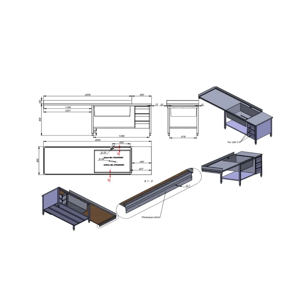 Kitchen table with three sinks (ZJ20-3021.00)