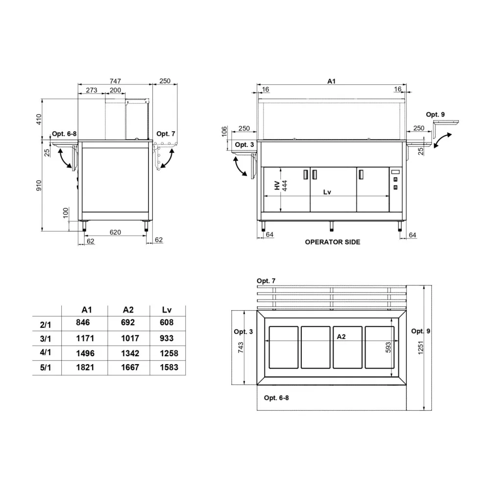 Buffet avec plan de travail chauffant en verre trempé et compartiment inférieur ventilé OMNIA 2PC/SC (01900OM2PCSC)