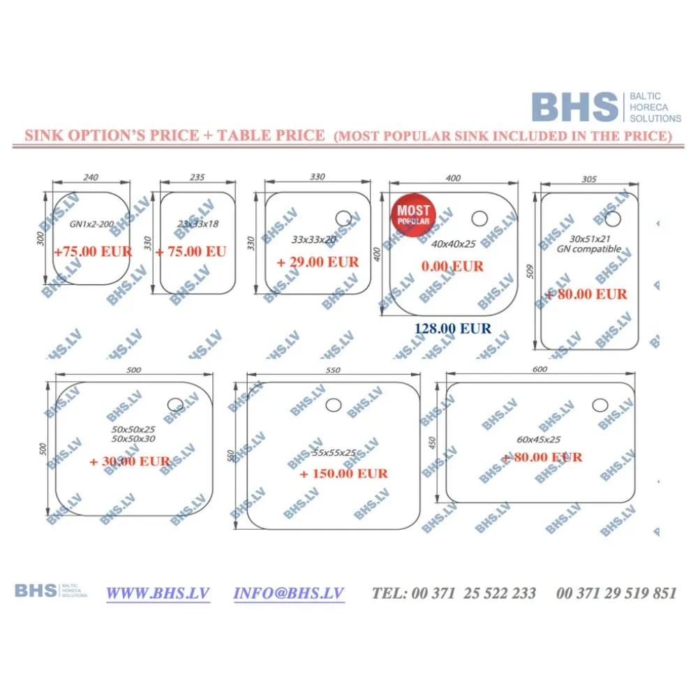 Table en métal avec évier sans plateau 2600 (BHS-PRA10-260/60/85)