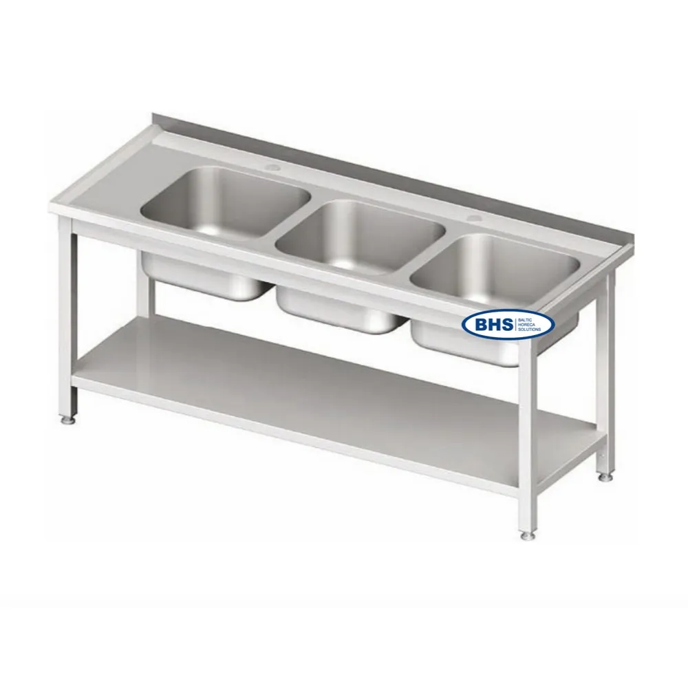 Table en métal avec trois éviers et plateau 2700 (BHS-PLA30-2700/60/85)