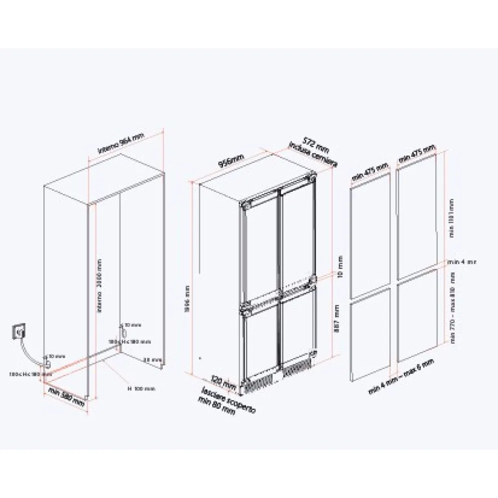 Réfrigérateur encastrable à quatre portes, prêt à installer un panneau R96BICD
