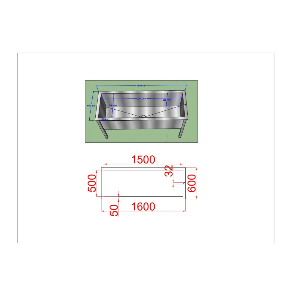Bac en acier inoxydable autoportant 1600 mm (PR-BHS-1600/600/900)