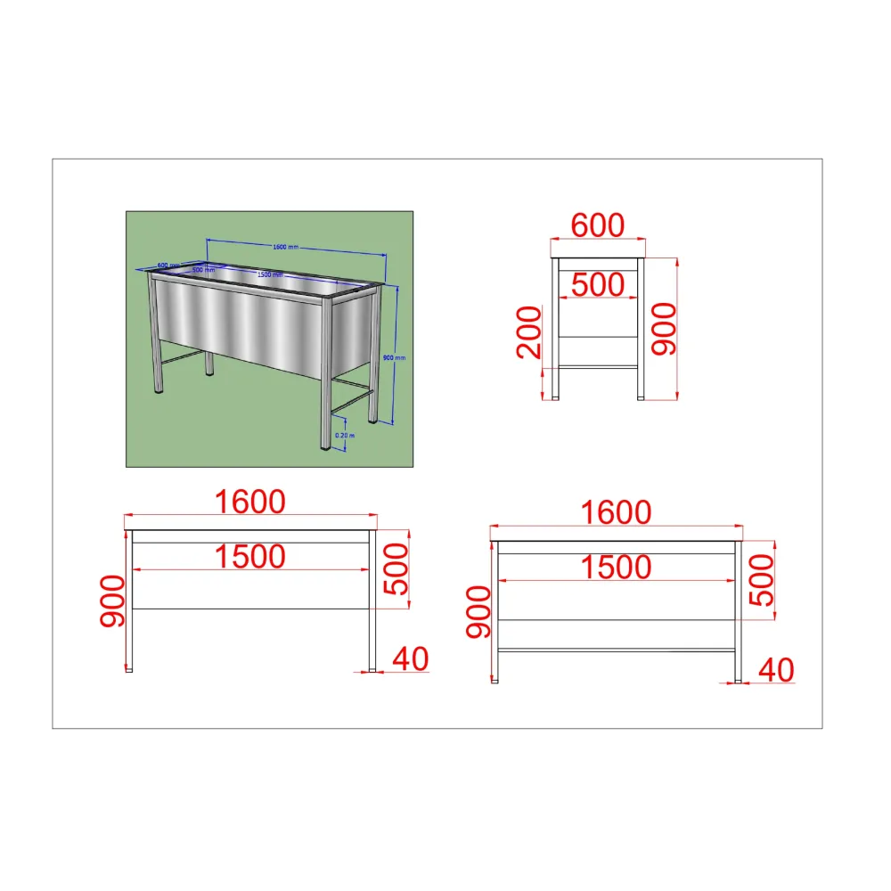 Bac en acier inoxydable autoportant 1600 mm (PR-BHS-1600/600/900)