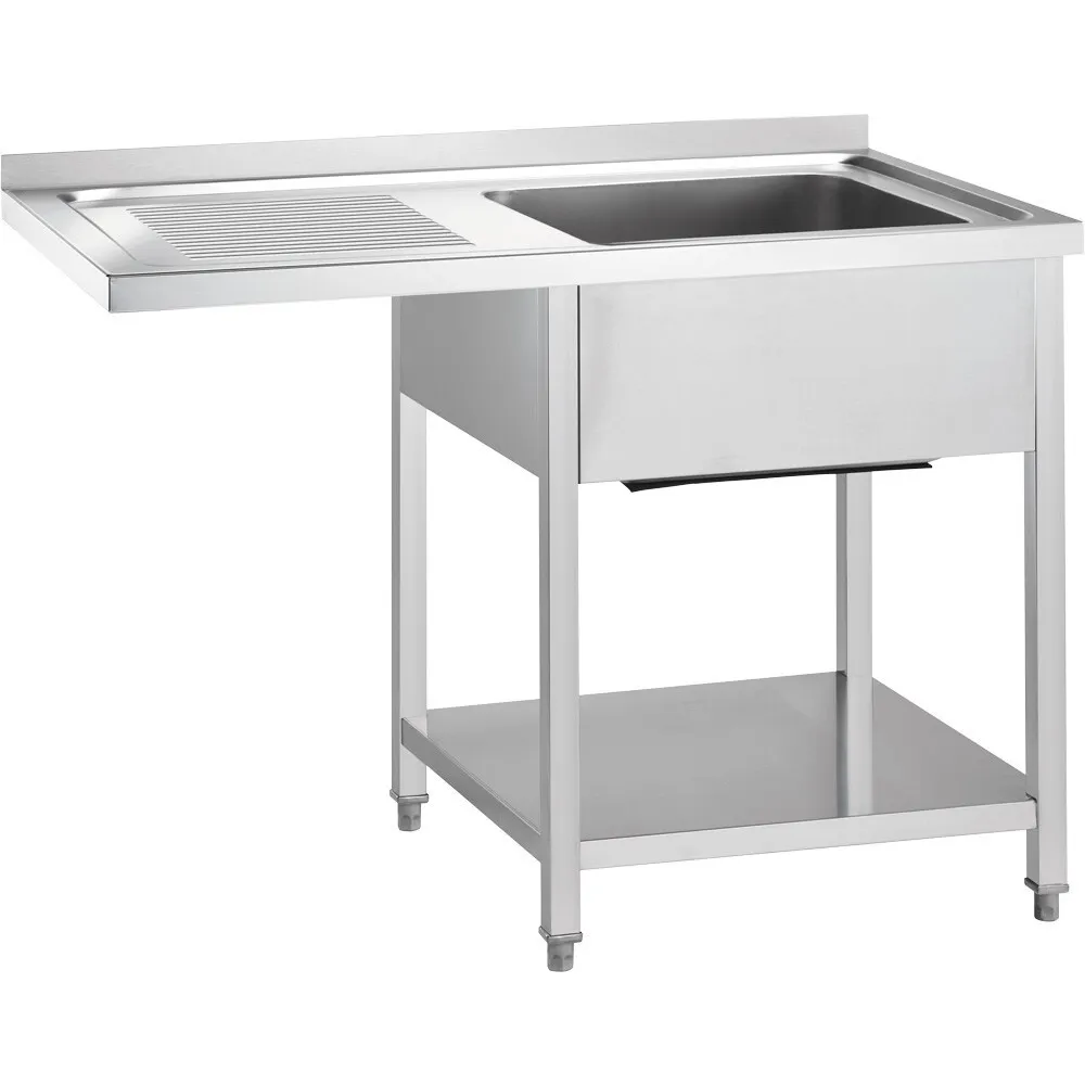 GREDIL Table en acier inoxydable avec évier (à droite), étagère et plan de travail en saillie 1200 × 700 × 900 mm (672447)