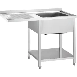 GREDIL Table en acier inoxydable avec évier (à droite), étagère et plan de travail en saillie 1200 × 700 × 900 mm