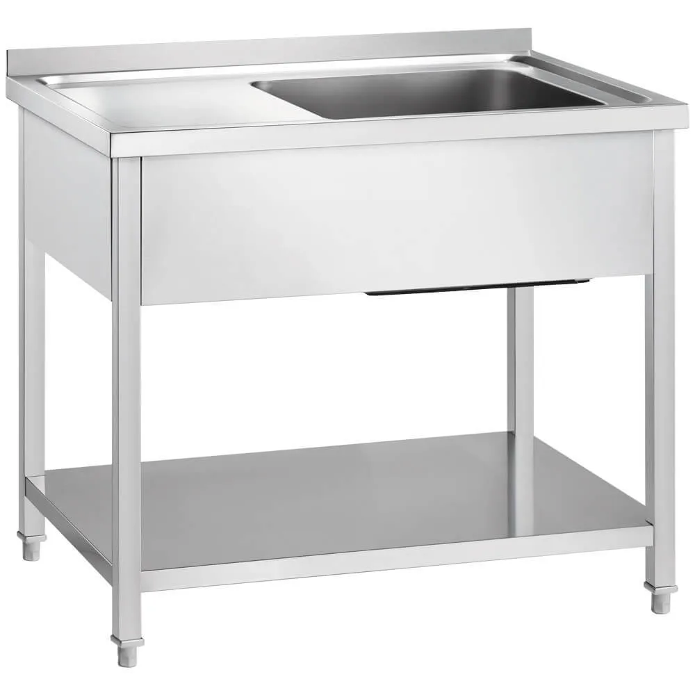 GREDIL — Table en acier inoxydable avec évier (à droite) et étagère 1000 × 600 × 850 mm (673306)