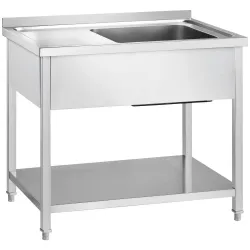 GREDIL Table en acier inoxydable avec évier (côté droit) et étagère, 1000 × 700 × 850 mm