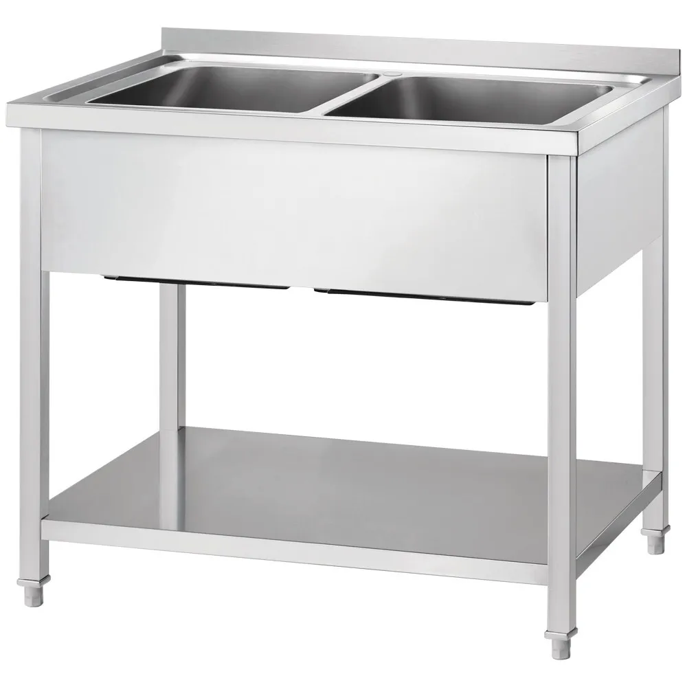 GREDIL Table en acier inoxydable avec 2 éviers et une étagère 1200 × 600 × 850 mm (673726)