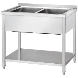 GREDIL Table en acier inoxydable avec 2 éviers et une étagère 1200 × 600 × 850 mm
