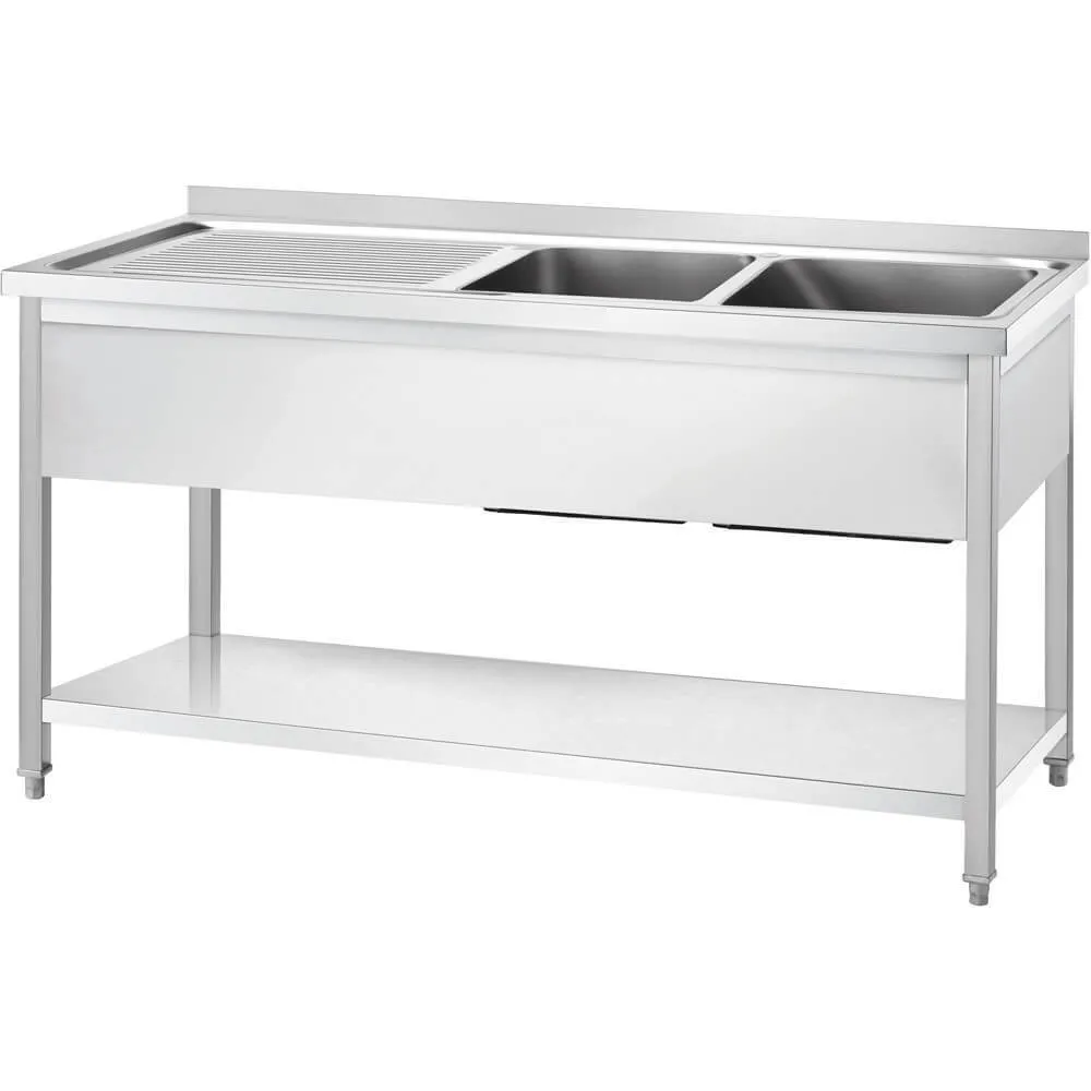 GREDIL table en acier inoxydable avec deux bacs (à droite) et étagère 1400 × 600 × 850 mm (673846)