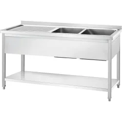 GREDIL table en acier inoxydable avec deux bacs (à droite) et étagère 1400 × 600 × 850 mm