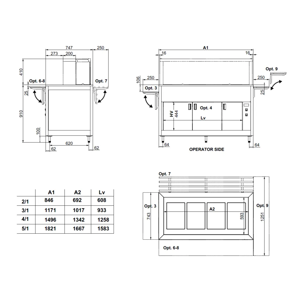 Buffet avec plan de travail chauffant en verre trempé et compartiment inférieur ventilé OMNIA 3PC/SC (01900OM3PCSC)